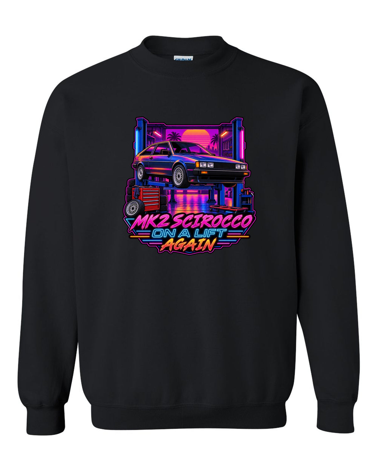 Synthwave outrun style VW Scirocco Mk2 with Mk2 Scirocco on a lift again text black crewneck front view with the design