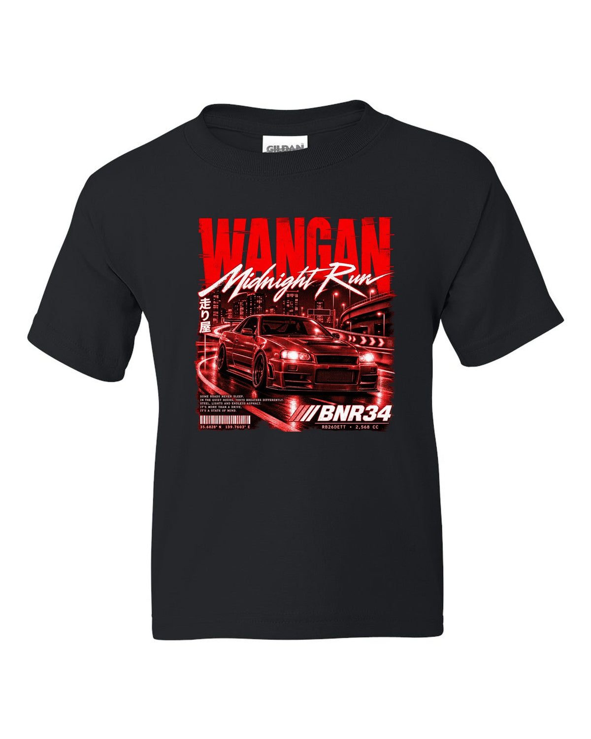 Street poster print of a Nissan Skyline GT-R R34 BNR34 with Wangan Midnight Run text black kids tee front view with the design