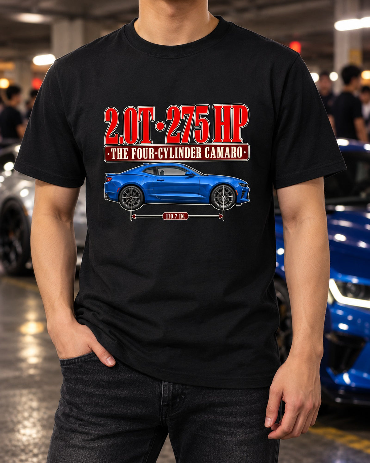 Camaro 2.0T Turbo 1LE 6th Gen Four-Cylinder Editorial Shirt T-Shirt Black worn hero