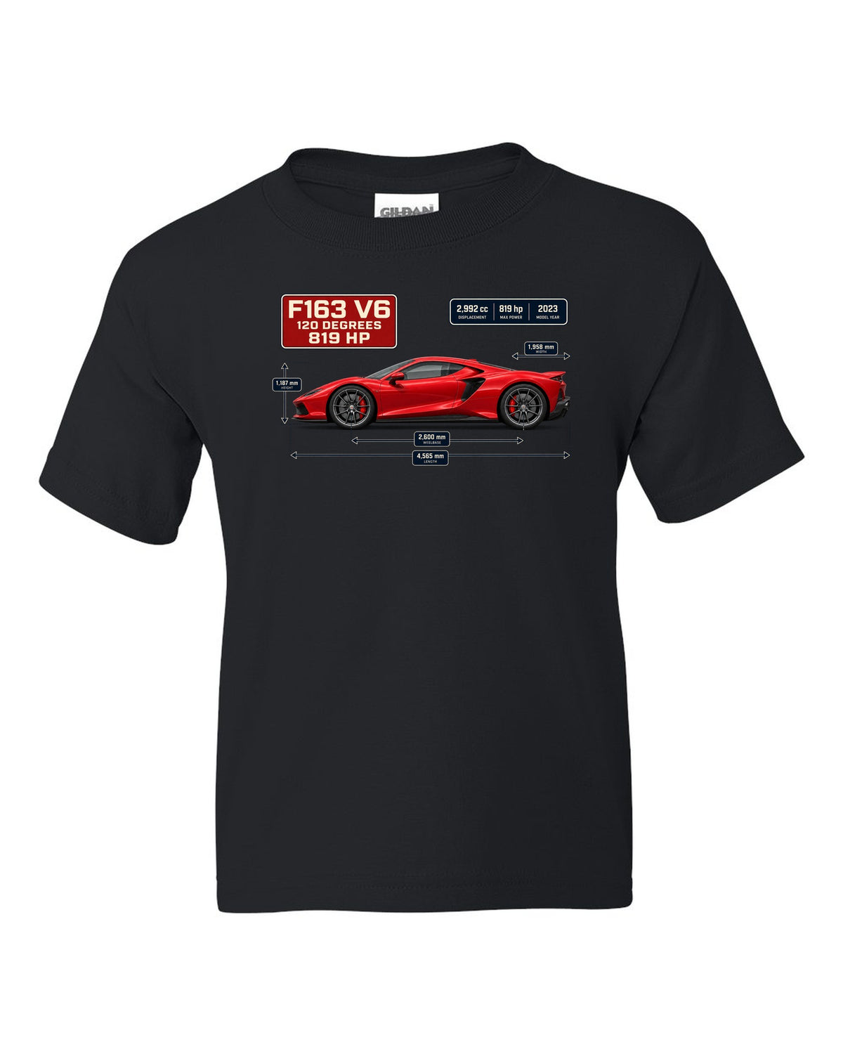 Blueprint style print of a signal red Ferrari 296 GTB with dimension lines black kids tee front view with the design