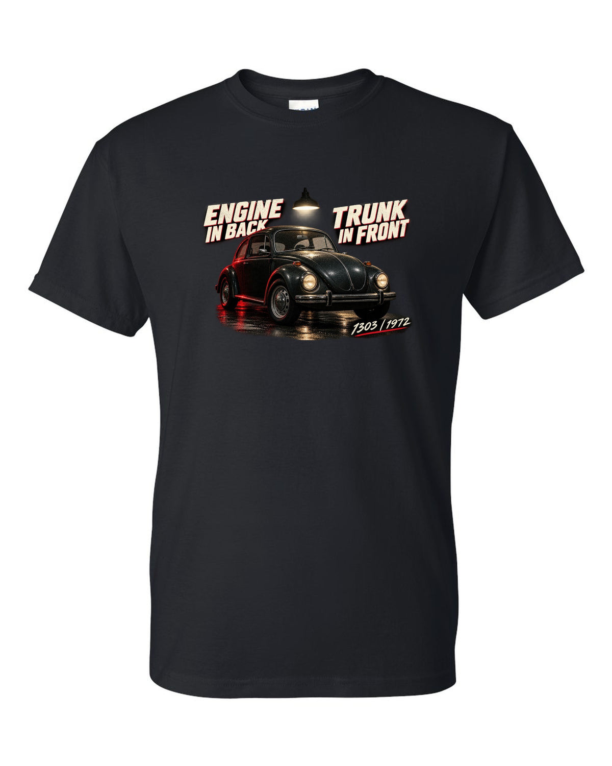 Garage night print of a VW Beetle 1303 front three-quarter with engine in back trunk in front text black t-shirt front view with the design