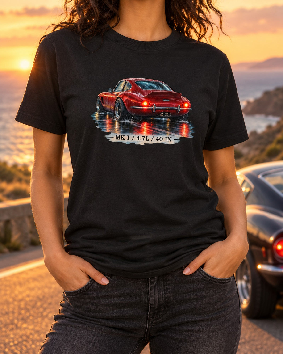 Ford GT40 Mk I Watercolour Shirt, Rainy Night Car Art Tee T-Shirt Black worn hero