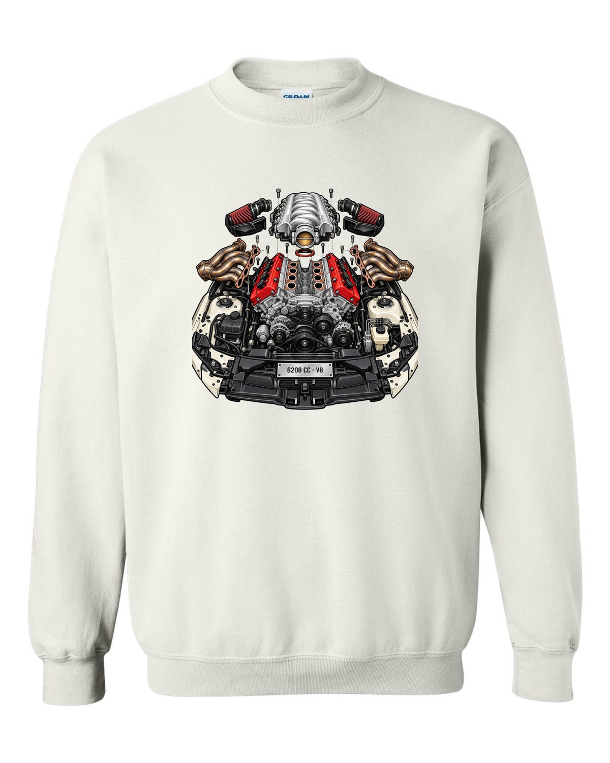Exploded cutaway illustration of a Mercedes AMG M156 6.2 V8 engine white crewneck front view with the design