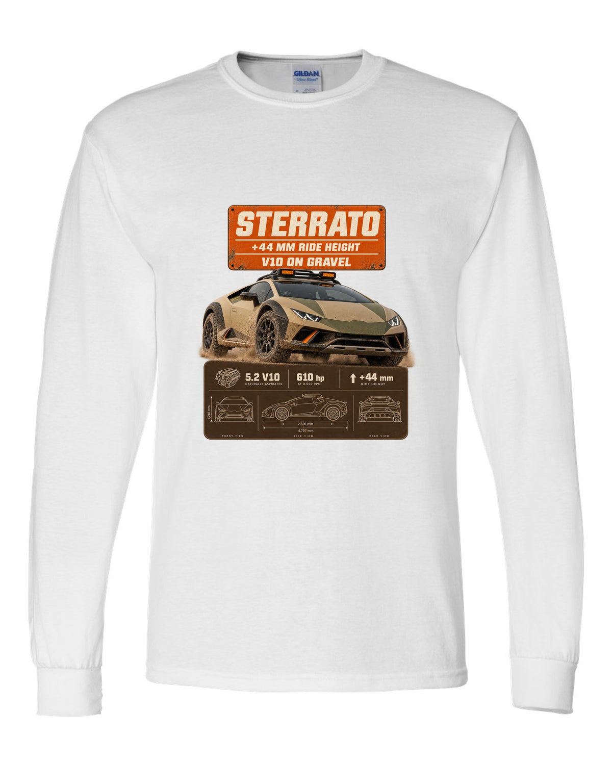 Spec poster print of the Lamborghini Huracan Sterrato white long sleeve front view with the design