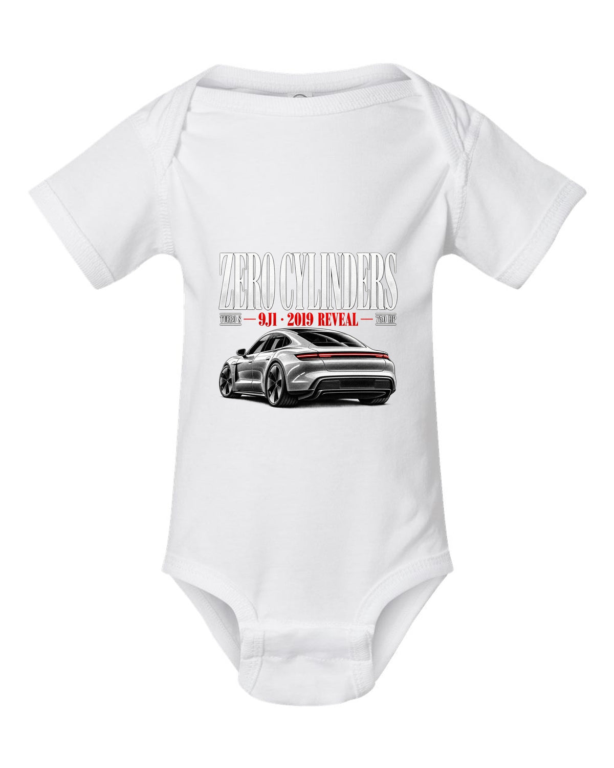 Porsche Taycan Turbo S 9J1 editorial headline with zero cylinders, 2019 reveal, 750 HP white baby onesie front view with the design
