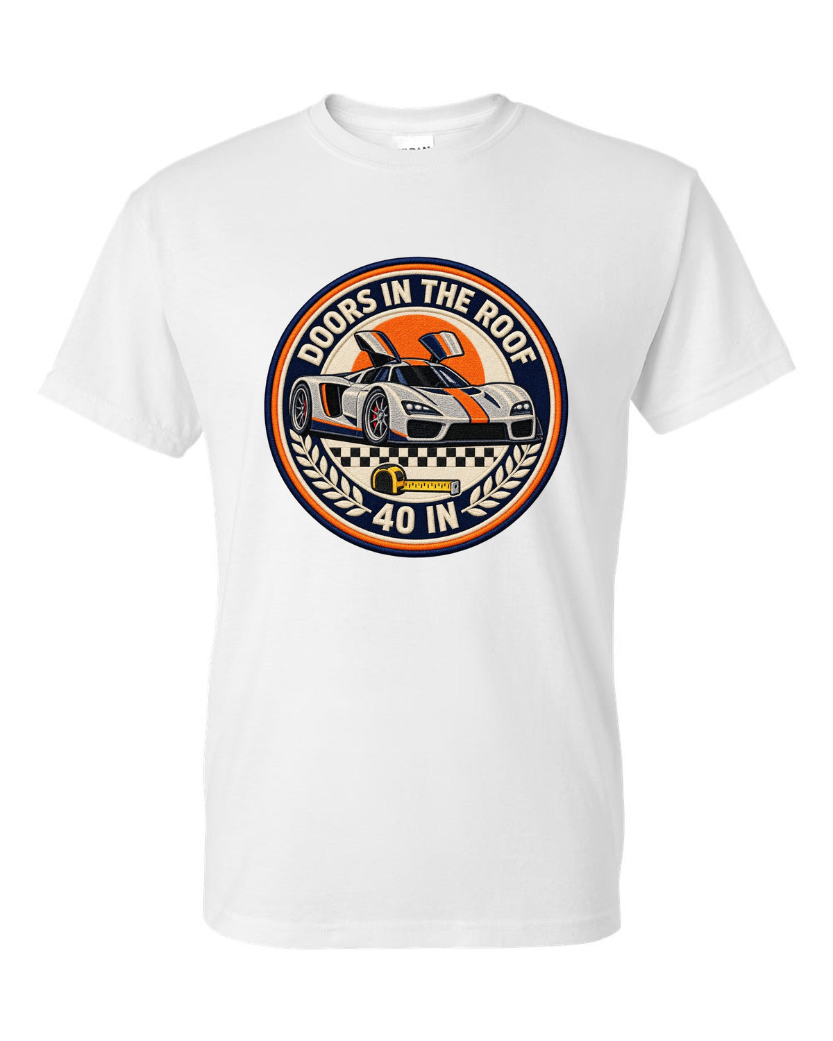 Round crest design for the Ford GT40 Mk II with doors in the roof lettering white t-shirt front view with the design