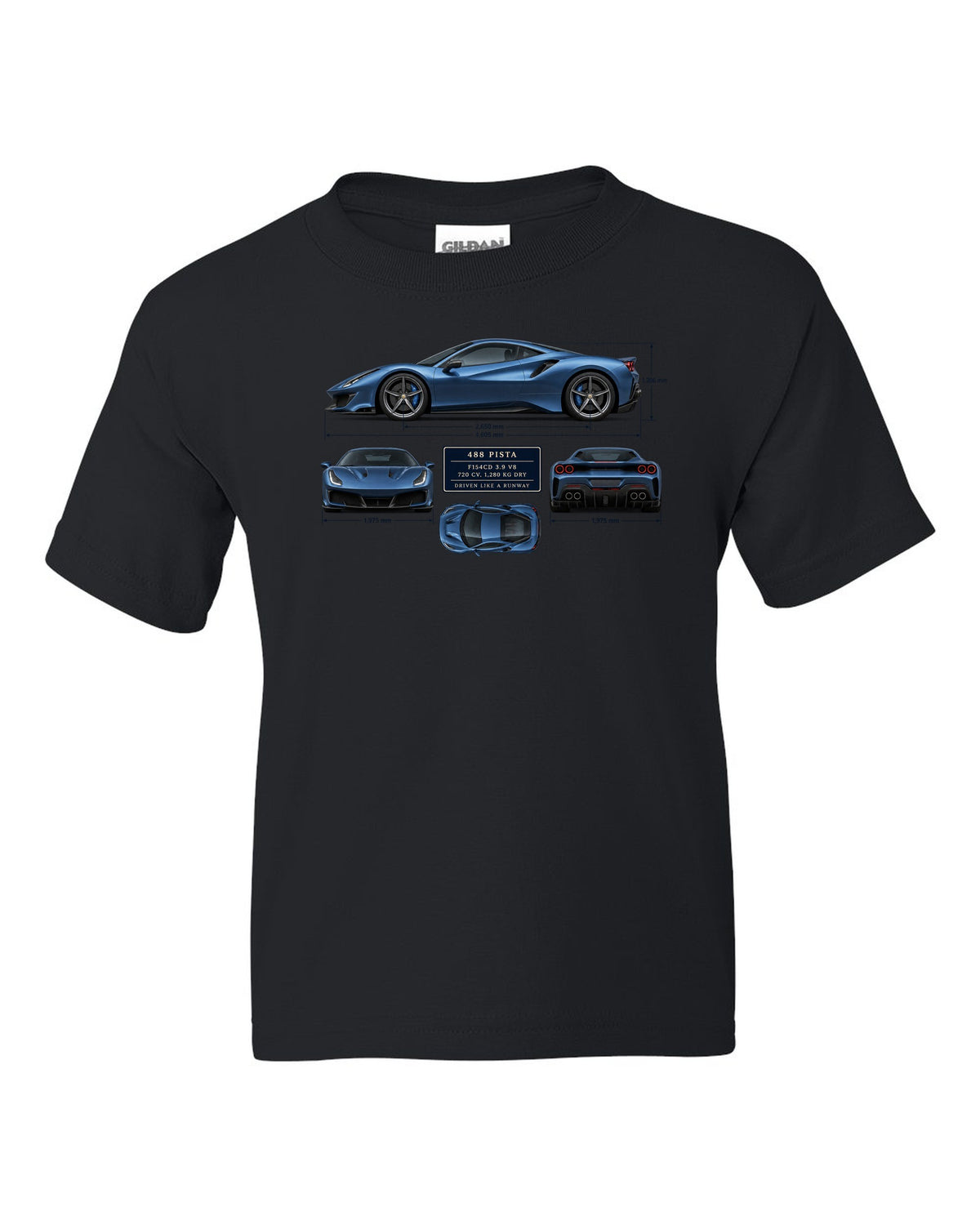 Blueprint print of the Ferrari 488 Pista in steel blue black kids tee front view with the design