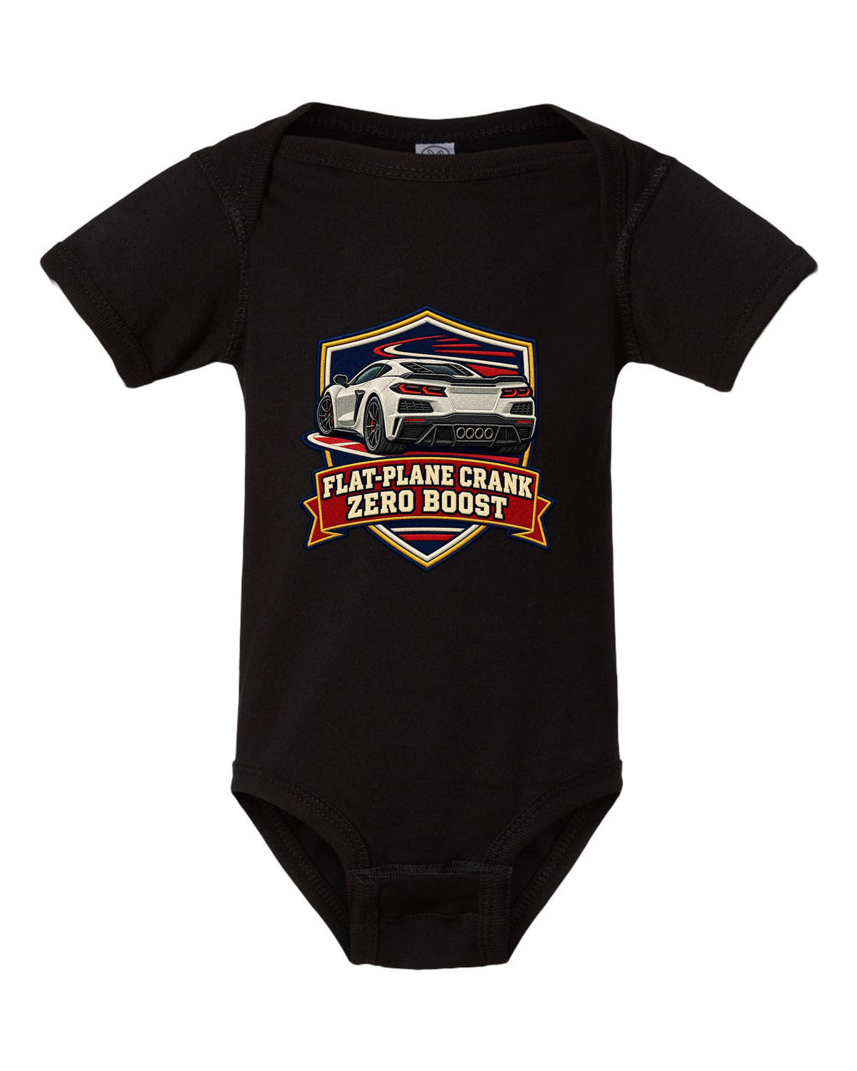 Graffiti street stencil of a 2019 C7 ZR1 Corvette with supercharger window on a wall black baby onesie front view with the design