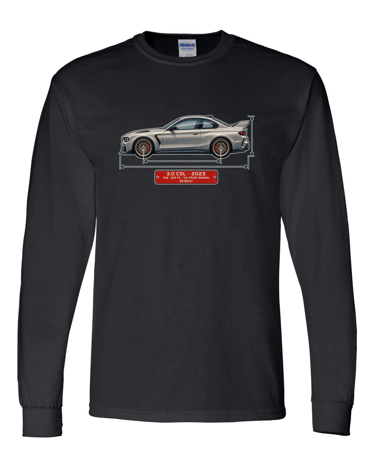 BMW 3.0 CSL 2023 dimension blueprint print black long sleeve front view with the design