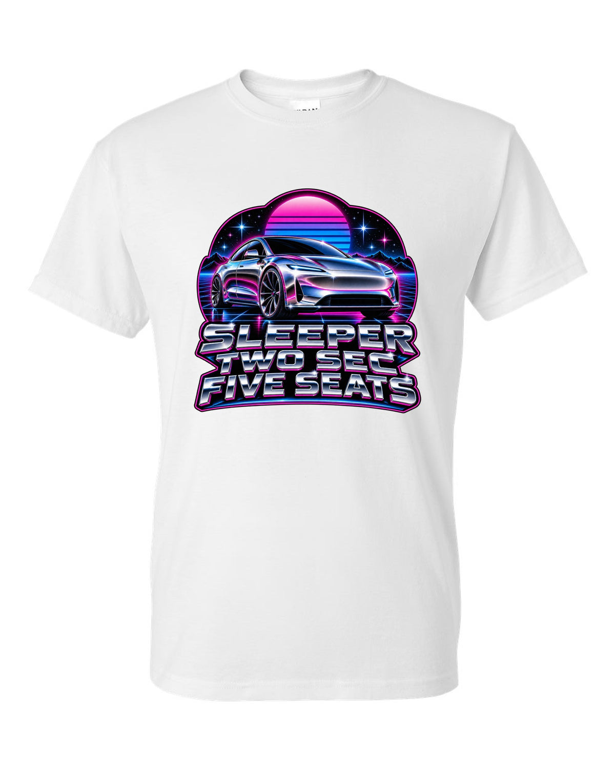 80s chrome airbrush art of a 2021 Tesla Model S Plaid with the words Sleeper Two Sec Five Seats white t-shirt front view with the design