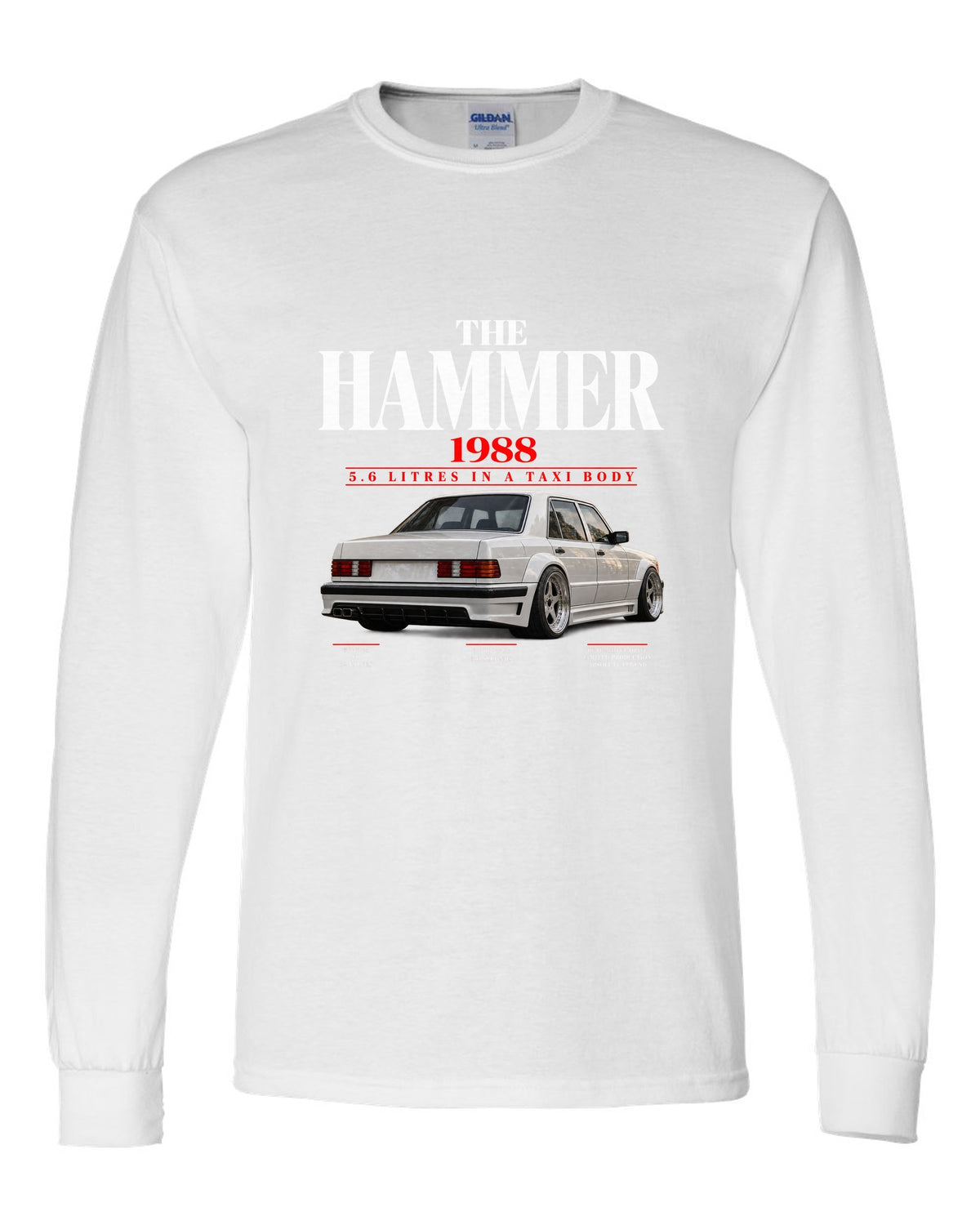 Mercedes 300E 5.6 AMG Hammer W124 editorial print with 1988 headline white long sleeve front view with the design