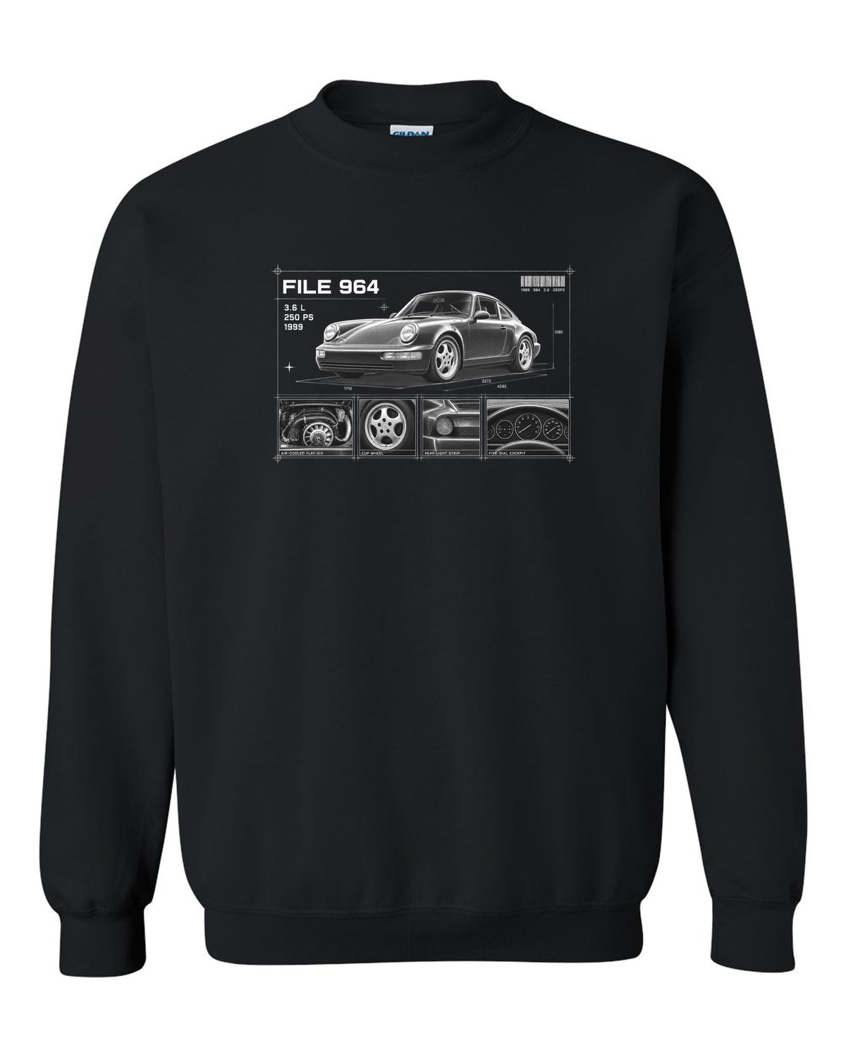 Dossier panel print of a Porsche 911 964 Carrera 2 with File 964 3.6 L 250 PS lettering black crewneck front view with the design