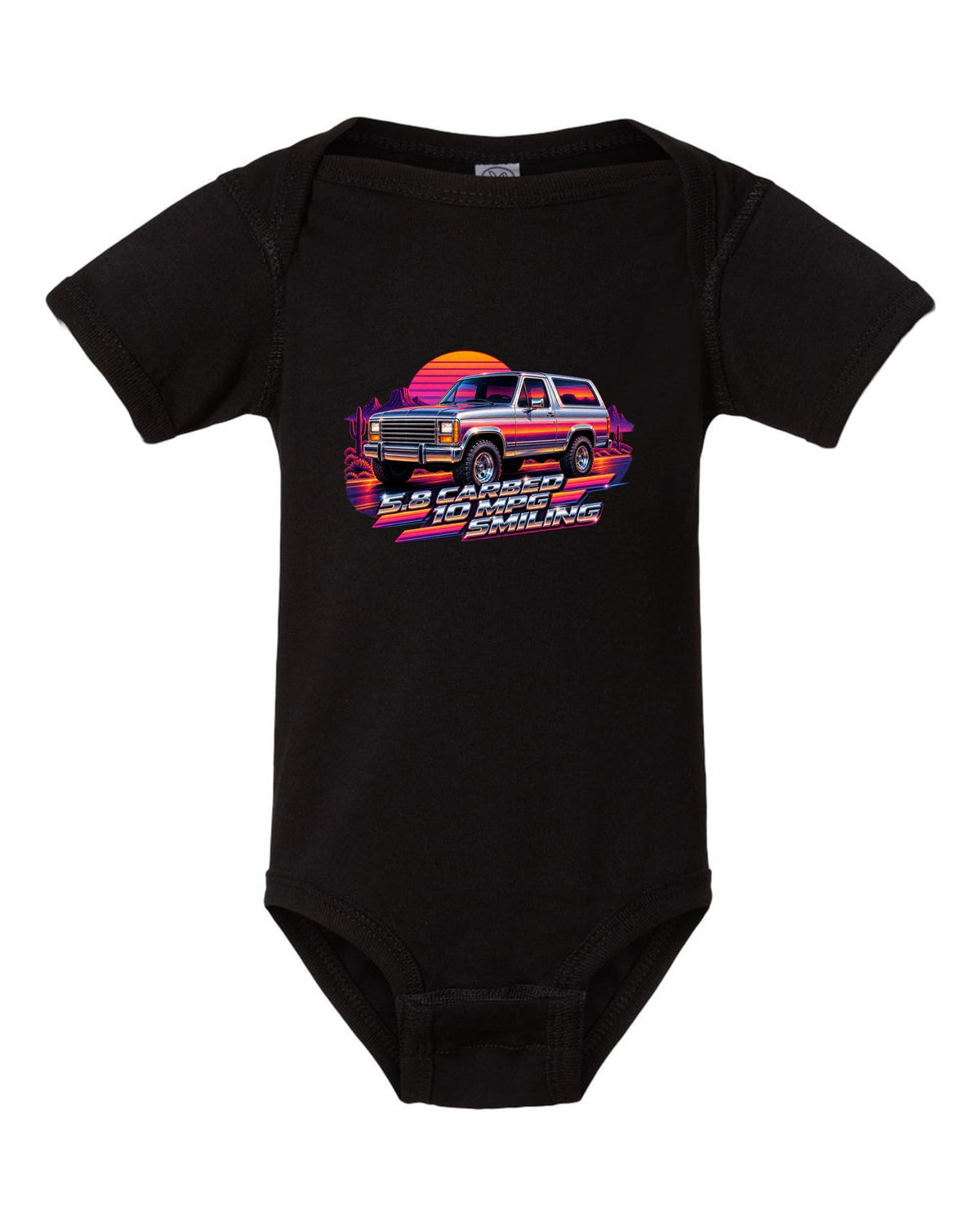 80s airbrush chrome art of a 1980-86 Ford Bronco Bullnose at sunset with 5.8 CARBED 10 MPG lettering black baby onesie front view with the design