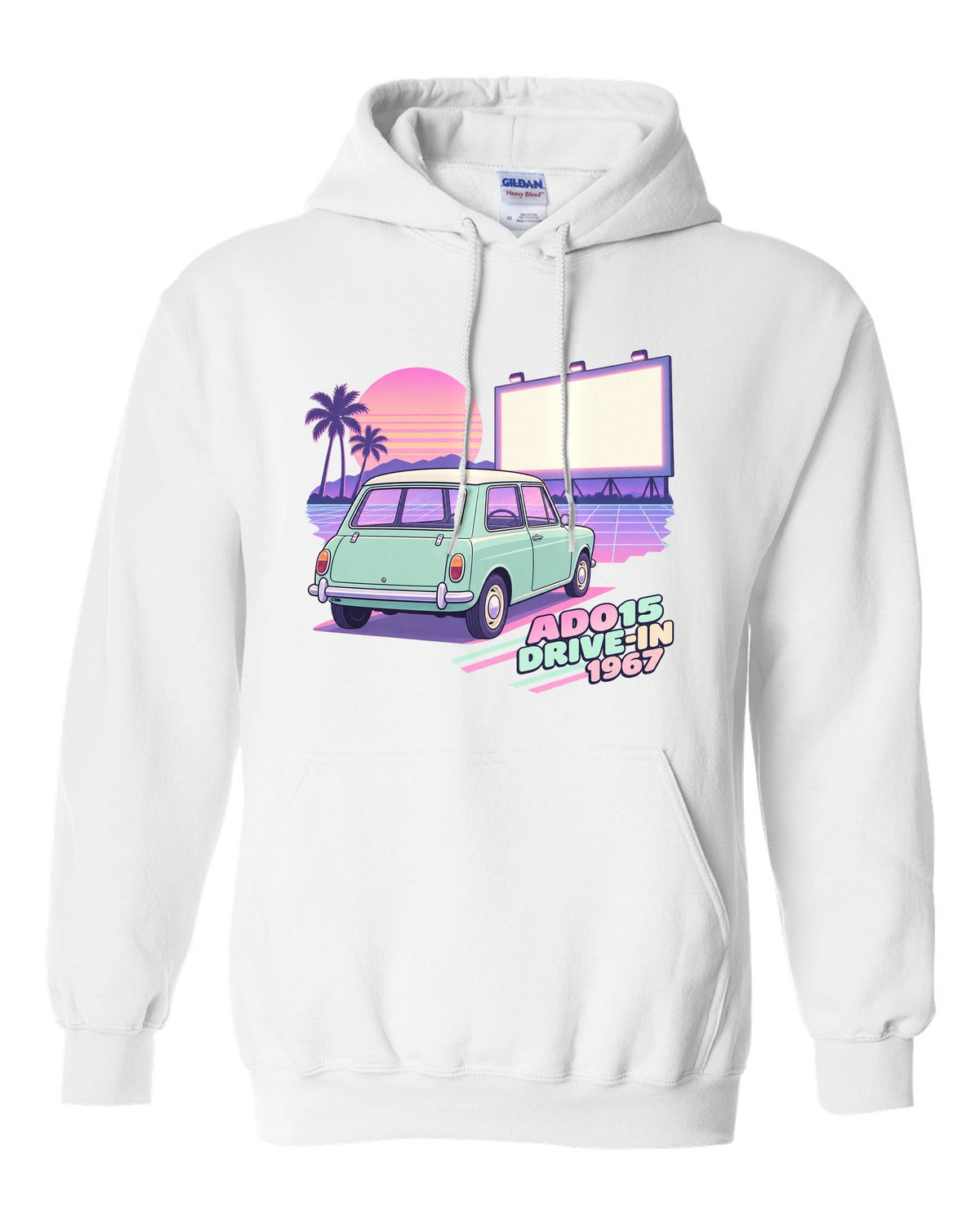 Pastel vaporwave drive-in scene with a 1967 classic Mini Cooper ADO15 white pull over hoodie front view with the design