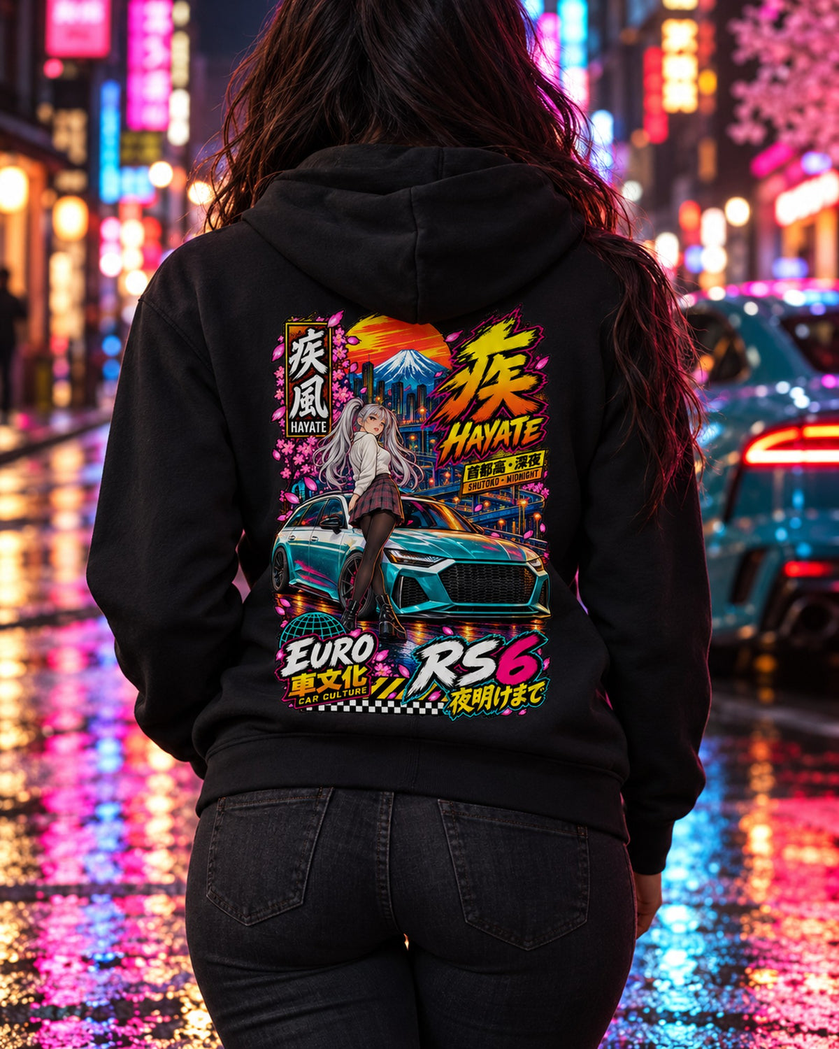 HAYATE RS6 Anime Girl Full-Back Graphic Tee Zip Hoodie Black worn hero