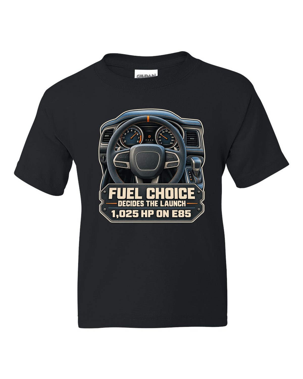 Dodge Challenger SRT Demon 170 cockpit gauge print with E85 1,025 HP text black kids tee front view with the design