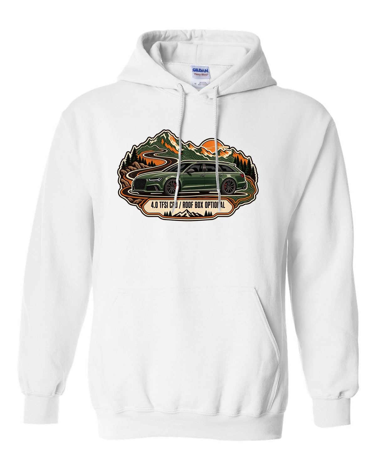 Topographic route map design of the Audi RS6 Avant C7 4G with 4.0 TFSI and roof box optional lettering white pull over hoodie front view with the design