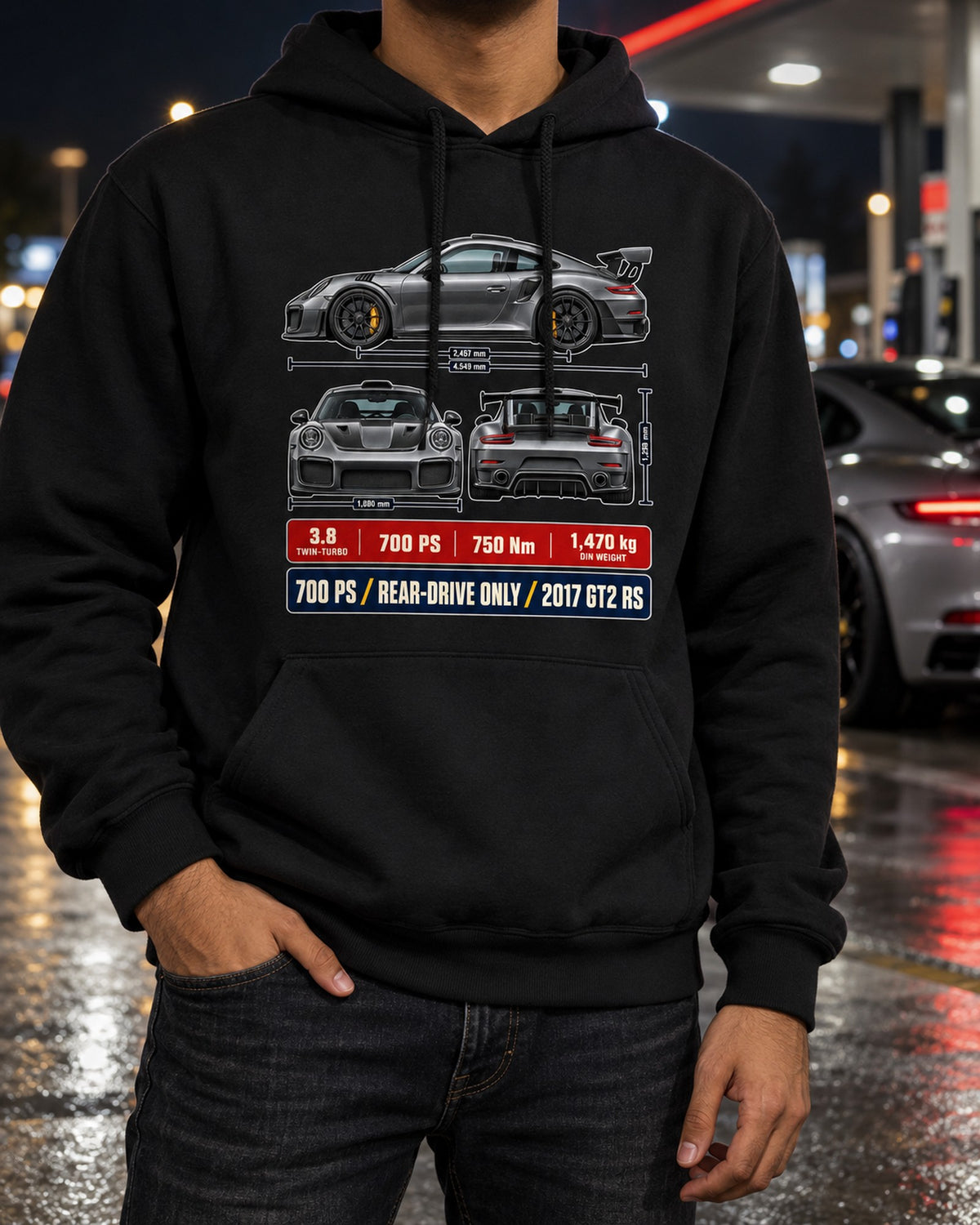 Porsche 911 GT2 RS 991.2 Three-View Dossier Shirt, Car Tee Pull Over Hoodie Black worn hero
