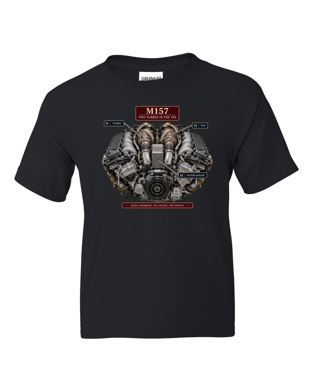 Engine hero print of the Mercedes-AMG M157 5.5 biturbo V8 from the W212 E63 S black kids tee front view with the design