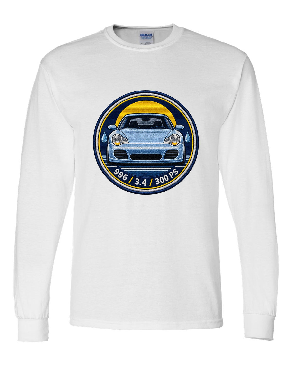 Round crest print of a 2004 Porsche 911 Carrera 997 with the text 997, 3.6 and 325 PS white long sleeve front view with the design