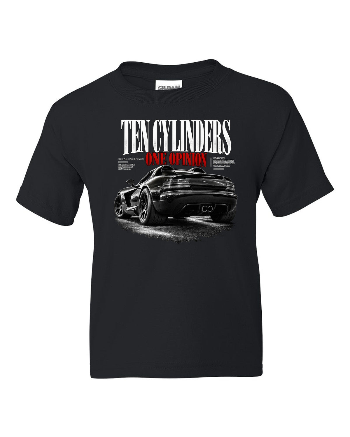 2003 Dodge Viper SRT-10 ZB I rear three-quarter editorial headline print black kids tee front view with the design