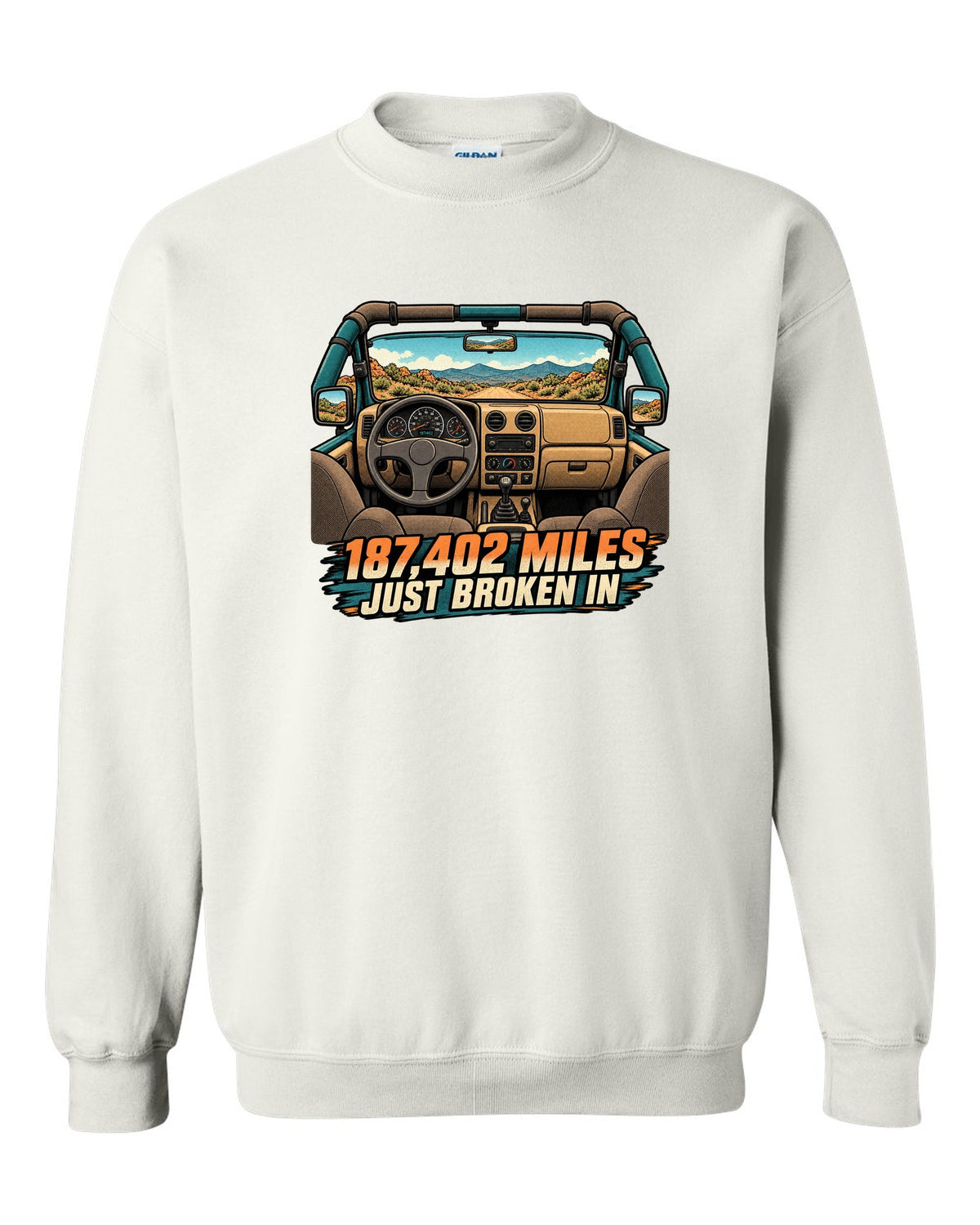 Halftone manga panel of a sun-faded Jeep Wrangler TJ dashboard with 187,402 MILES JUST BROKEN IN lettering white crewneck front view with the design