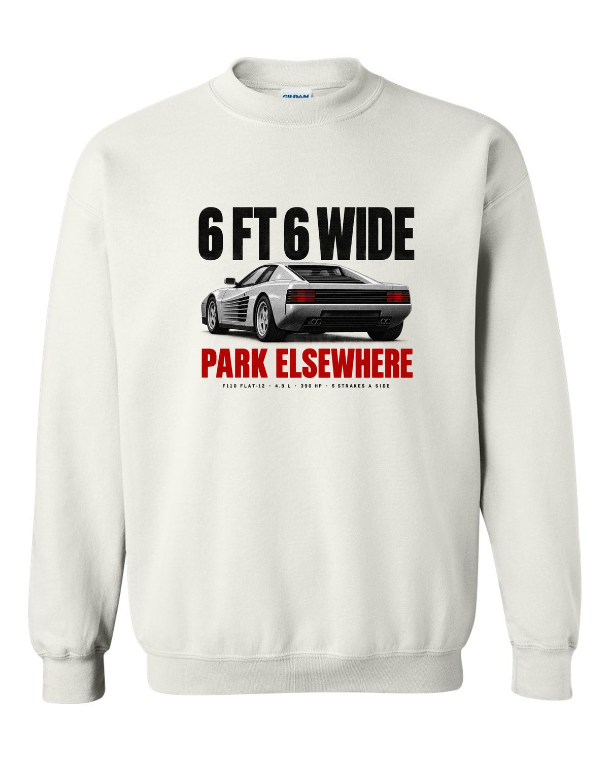 Ferrari Testarossa F110 1984 halftone print, 6 ft 6 wide, park elsewhere white crewneck front view with the design