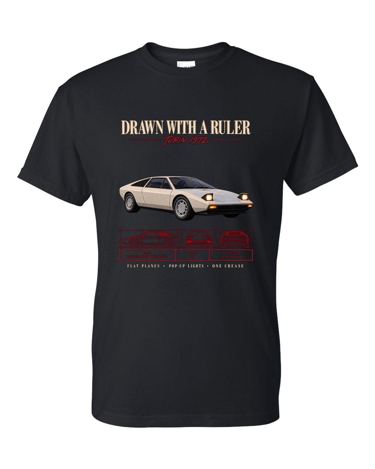 Archive panel print of a 1976 Lotus Esprit S1 Type 79 with Giugiaro wedge text black t-shirt front view with the design