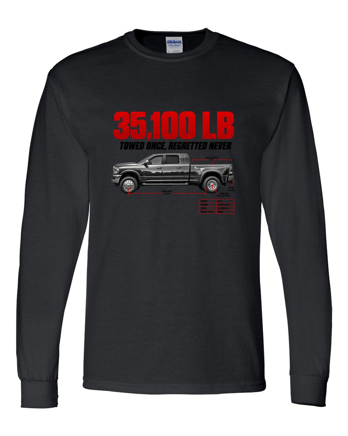 Ram 3500 5th Gen Side Profile Spec Poster Tee, 35,100 Lb black long sleeve front view with the design
