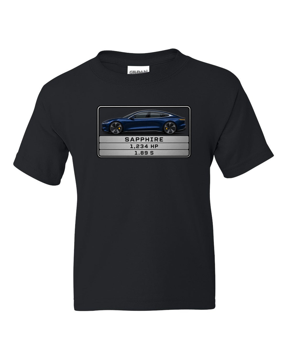 Lucid Air Sapphire monospaced spec data plate print with the text Sapphire 1,234 hp 1.89 s black kids tee front view with the design