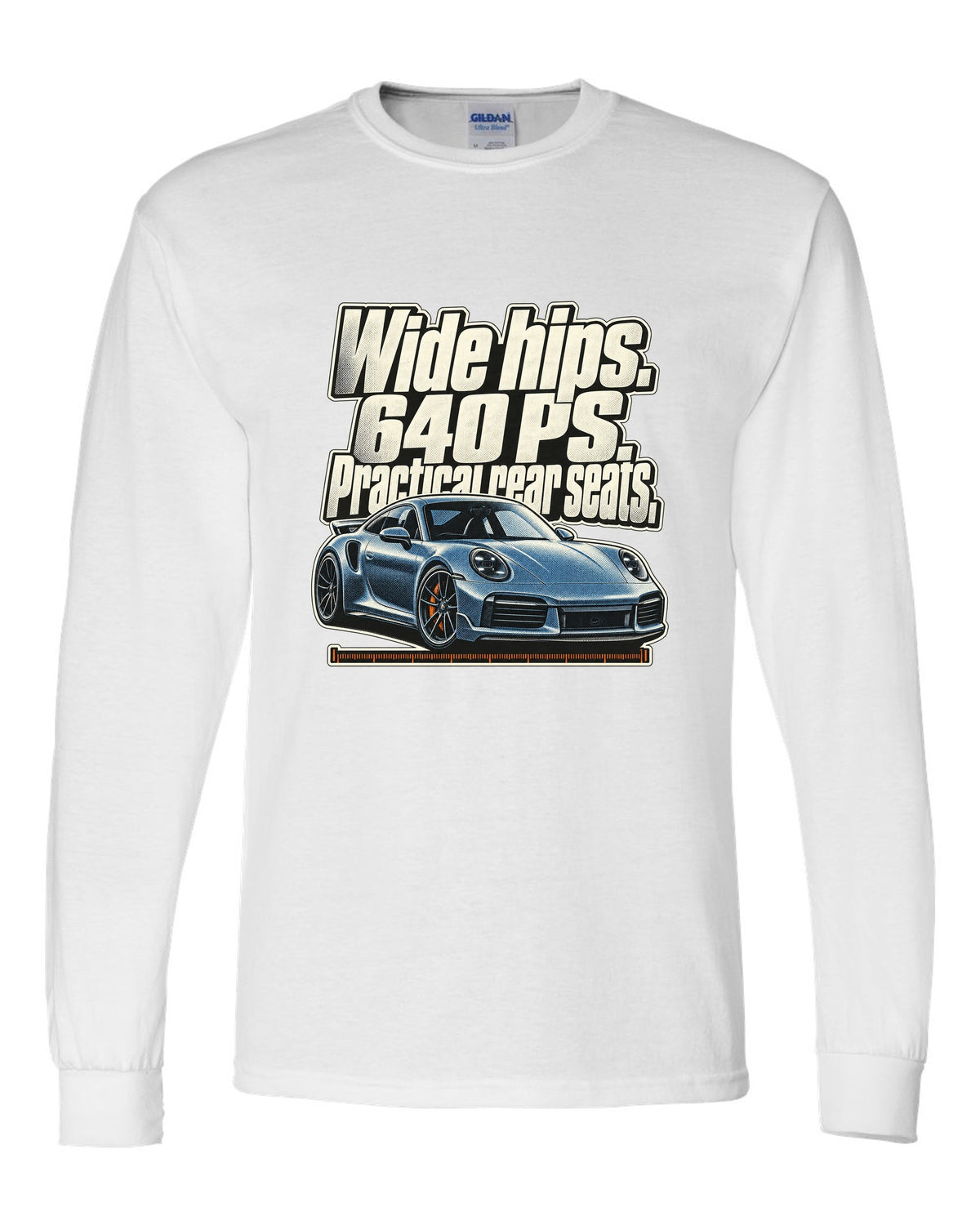 Halftone print of a Porsche 911 Turbo S 992 coupe with a three-line statement white long sleeve front view with the design