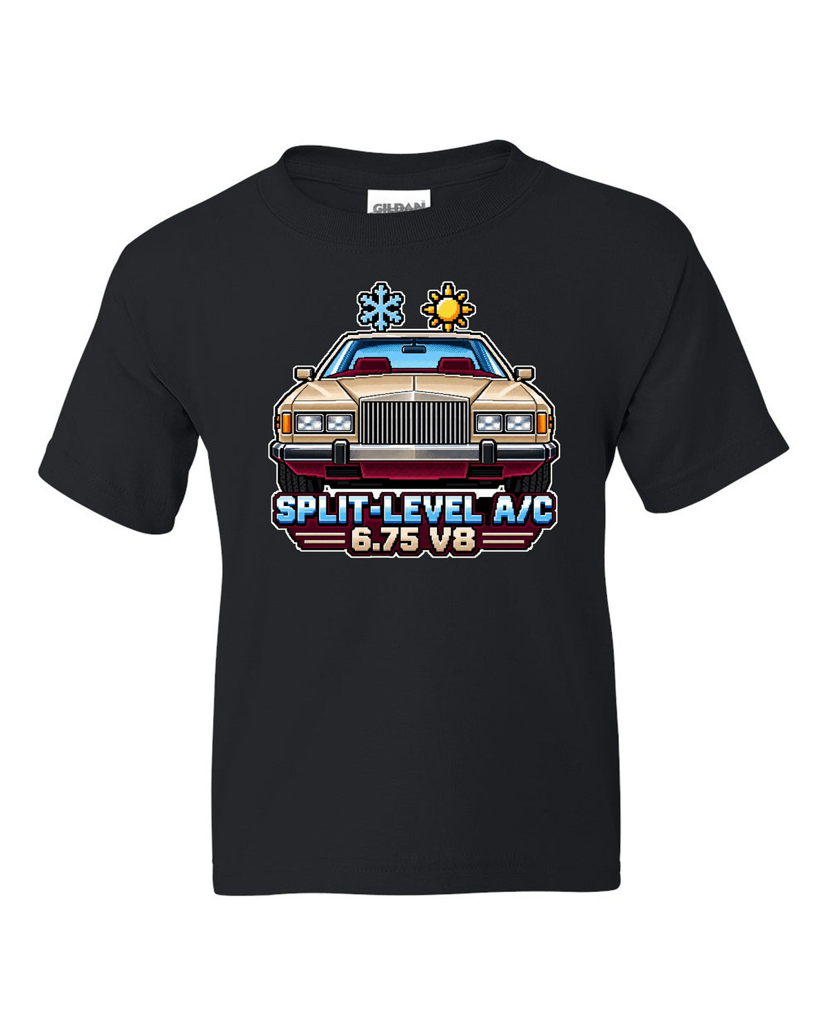 16-bit pixel art print of a 1975 Rolls-Royce Camargue with split-level A/C and 6.75 V8 lettering black kids tee front view with the design