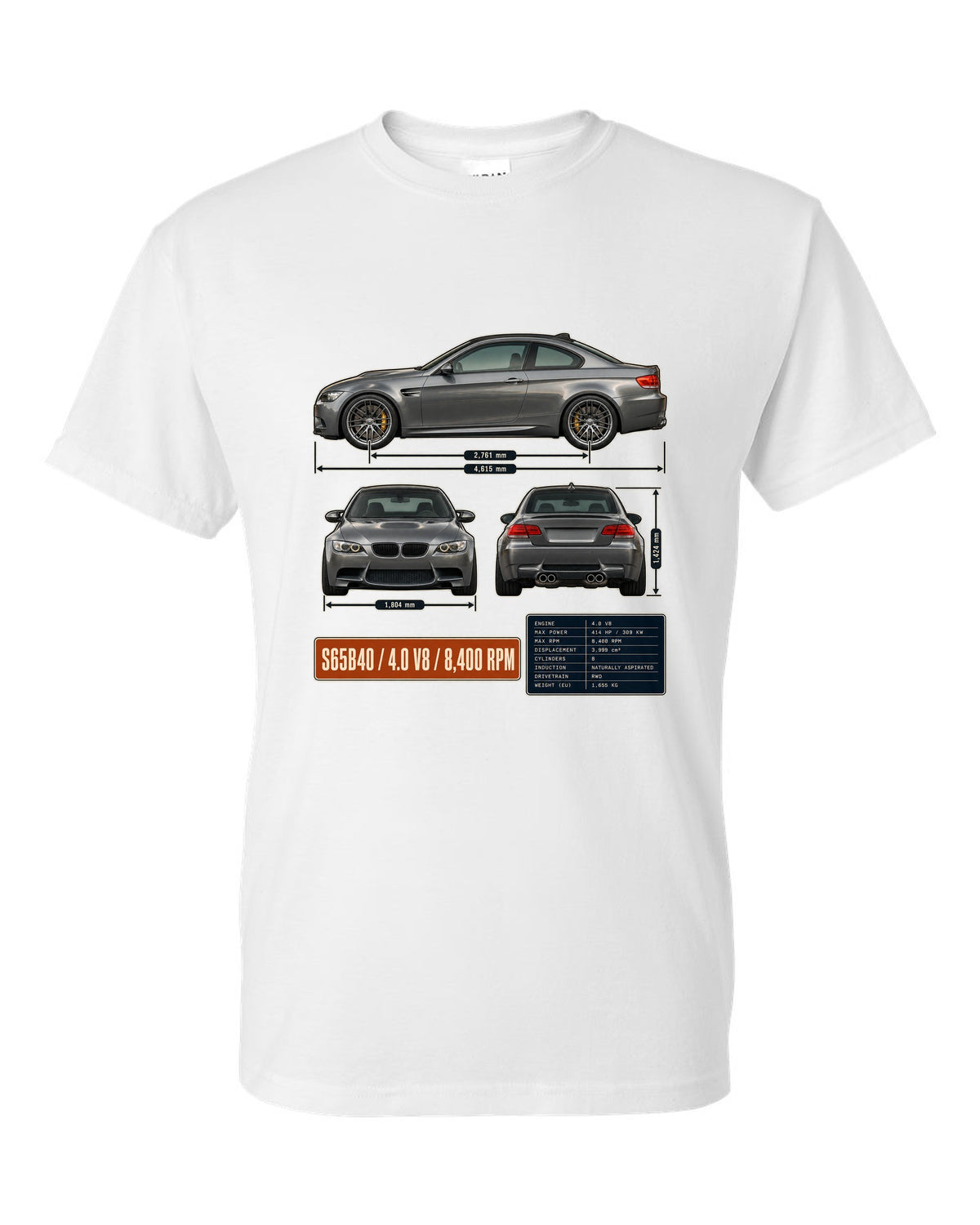 BMW M3 E92 coupe three-view drawing with S65 V8 spec table white t-shirt front view with the design