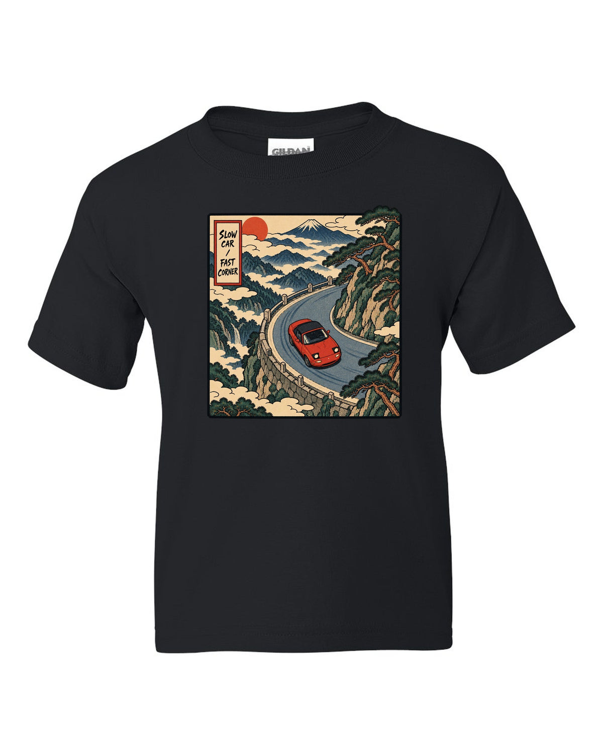 Flat silhouette row of Mazda MX-5 NA, NB, NC and ND generations black kids tee front view with the design