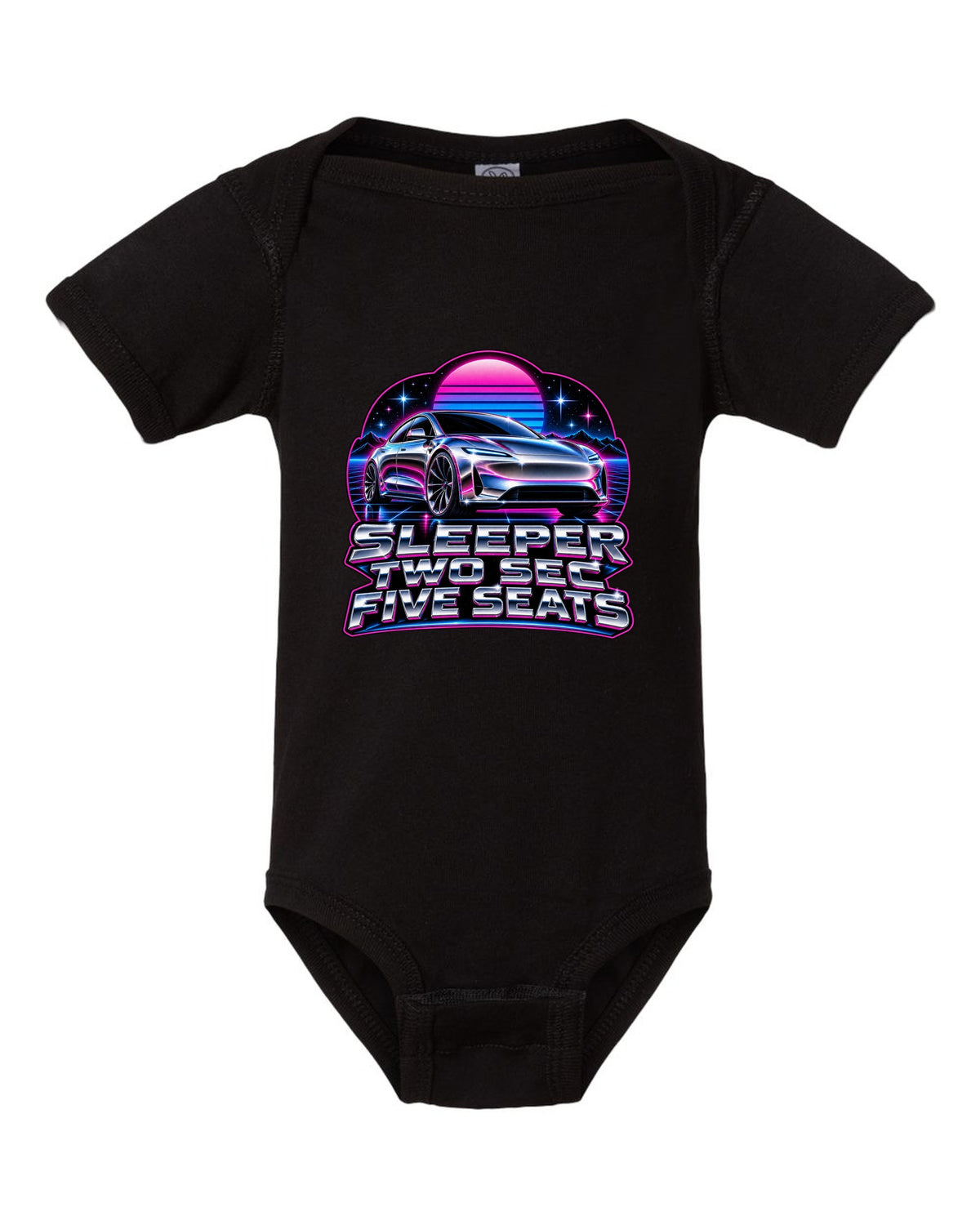 80s chrome airbrush art of a 2021 Tesla Model S Plaid with the words Sleeper Two Sec Five Seats black baby onesie front view with the design