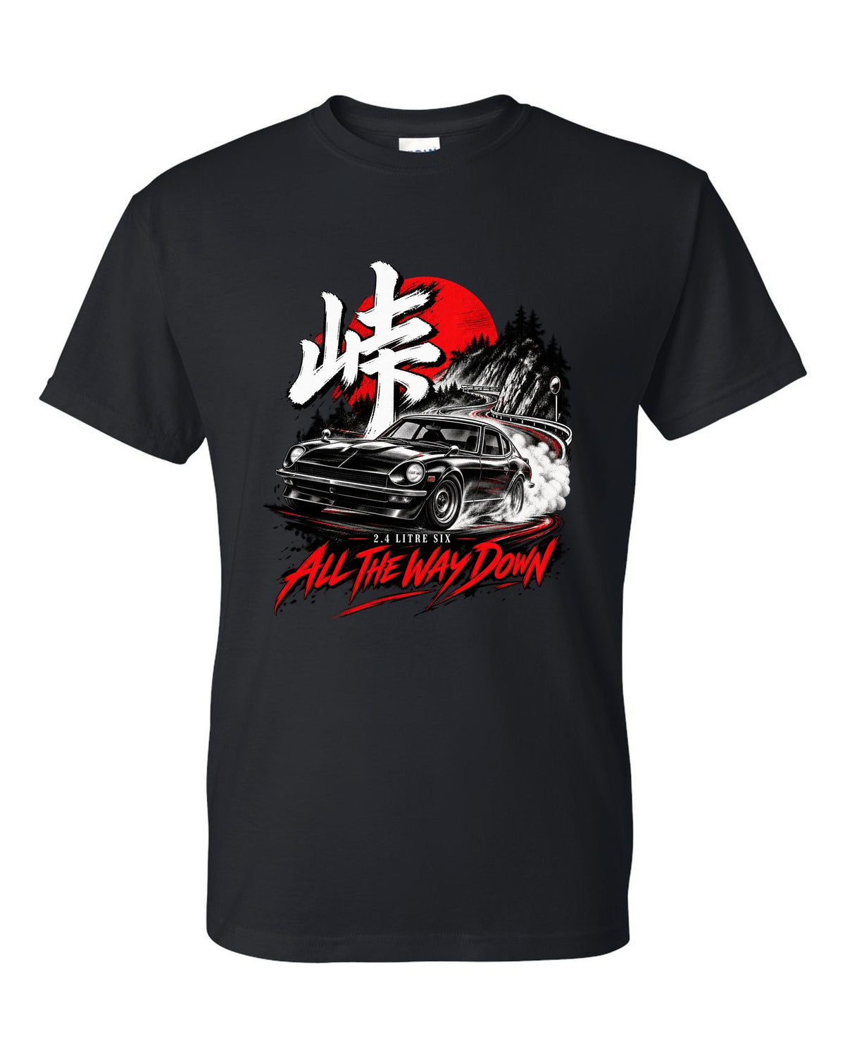print of a 1971 Datsun 240Z HLS30 sliding downhill at night with touge kanji black t-shirt front view with the design