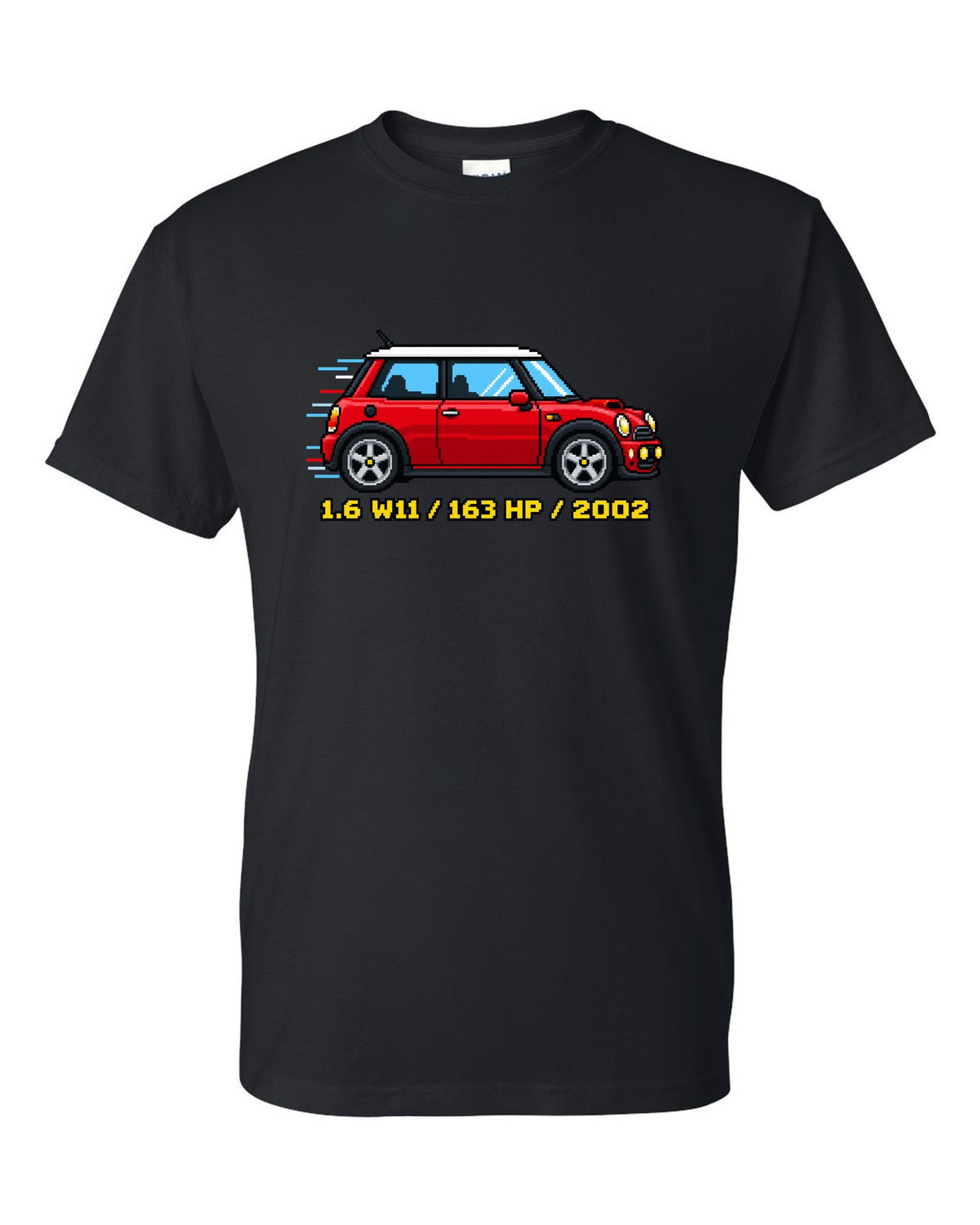 Sixteen-bit pixel art Mini Cooper S R53 with 1.6 W11, 163 HP, 2002 stats black t-shirt front view with the design