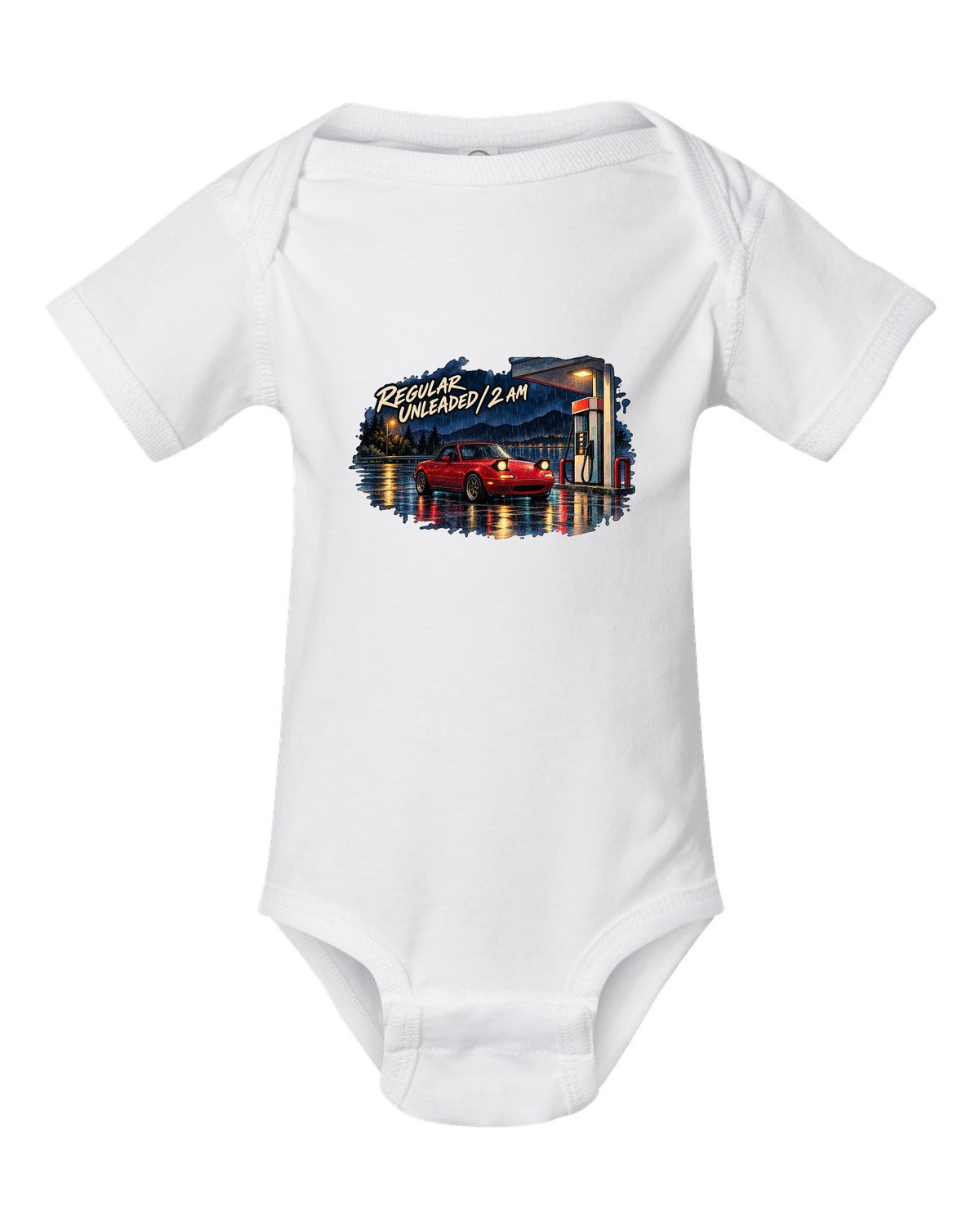 Watercolour wet-road night scene of a Mazda MX-5 NA at a fuel stop white baby onesie front view with the design