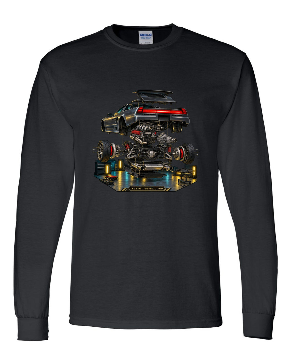 Isometric exploded diagram print of the Honda NSX NA2 with 3.2 L V6 6-speed RWD text black long sleeve front view with the design