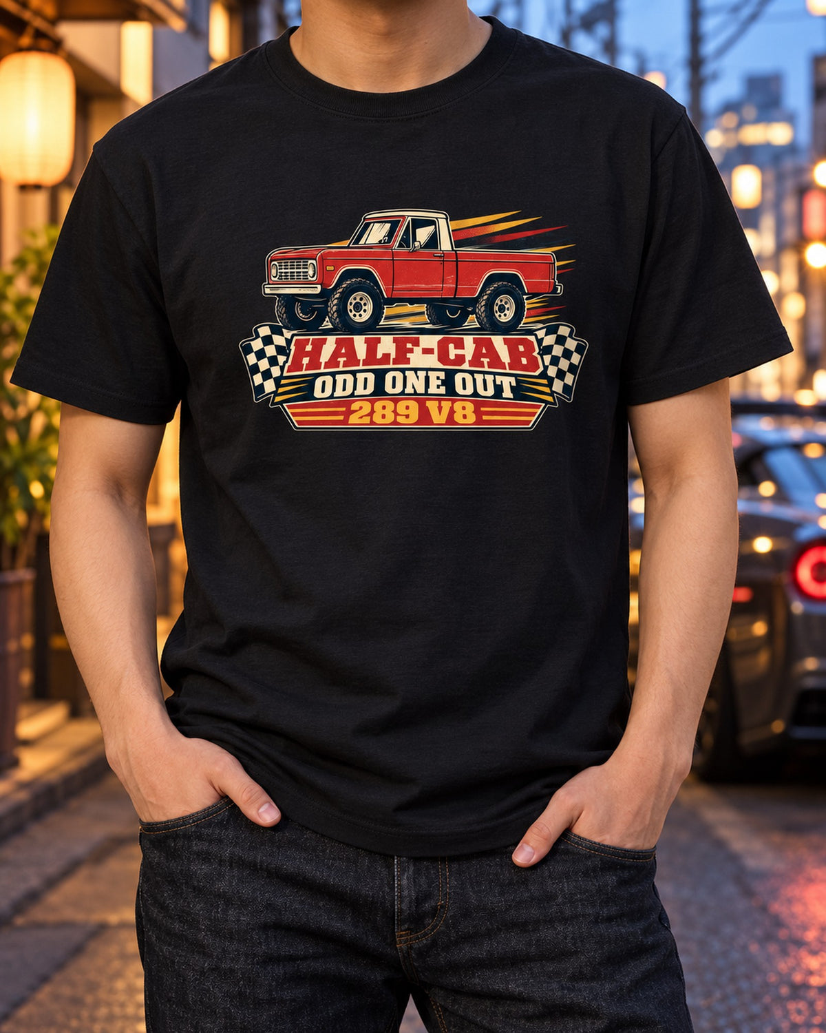 1966-72 Ford Bronco U14 Half-Cab Switchback Race Poster Tee T-Shirt Black worn hero