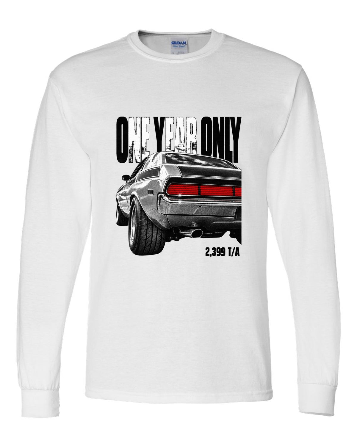 Taillight macro print of a 1970 Dodge Challenger T/A with one year only 2,399 T/A text white long sleeve front view with the design