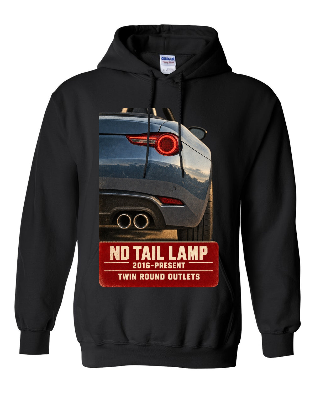 Macro poster-style print of the tail lamp and twin round exhaust outlets on a Mazda MX-5 ND black pull over hoodie front view with the design