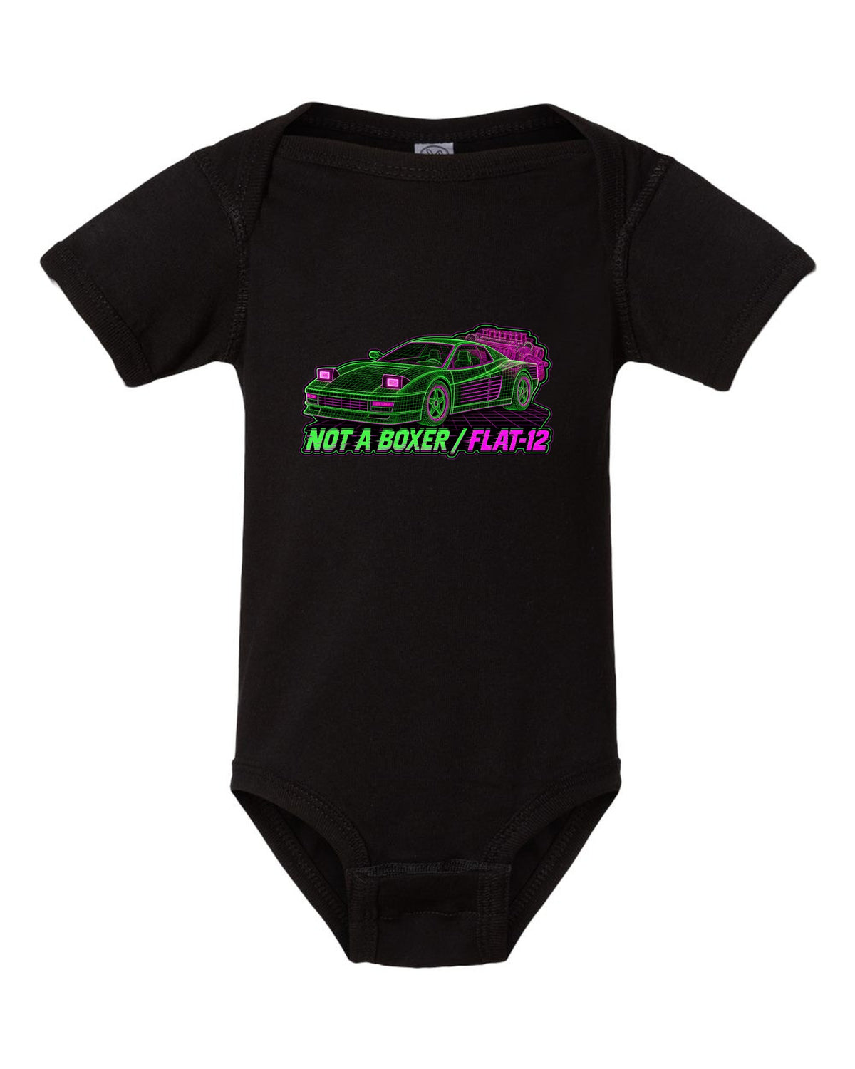 Wireframe mesh print of the Ferrari Testarossa F110 with the text not a boxer, flat-12 black baby onesie front view with the design