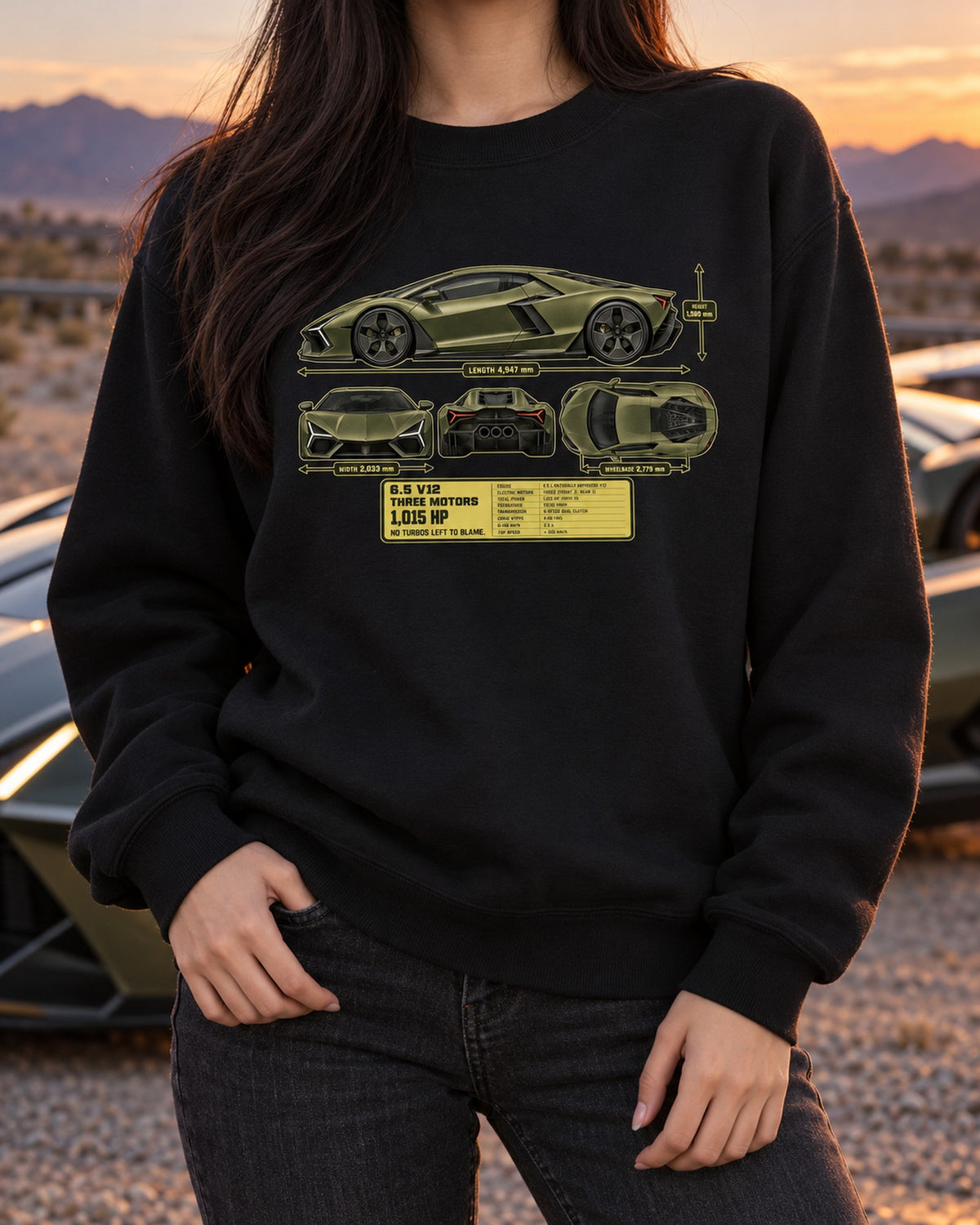 Lamborghini Revuelto Dimension Blueprint Shirt, V12 Hybrid Tee Crewneck Black worn hero