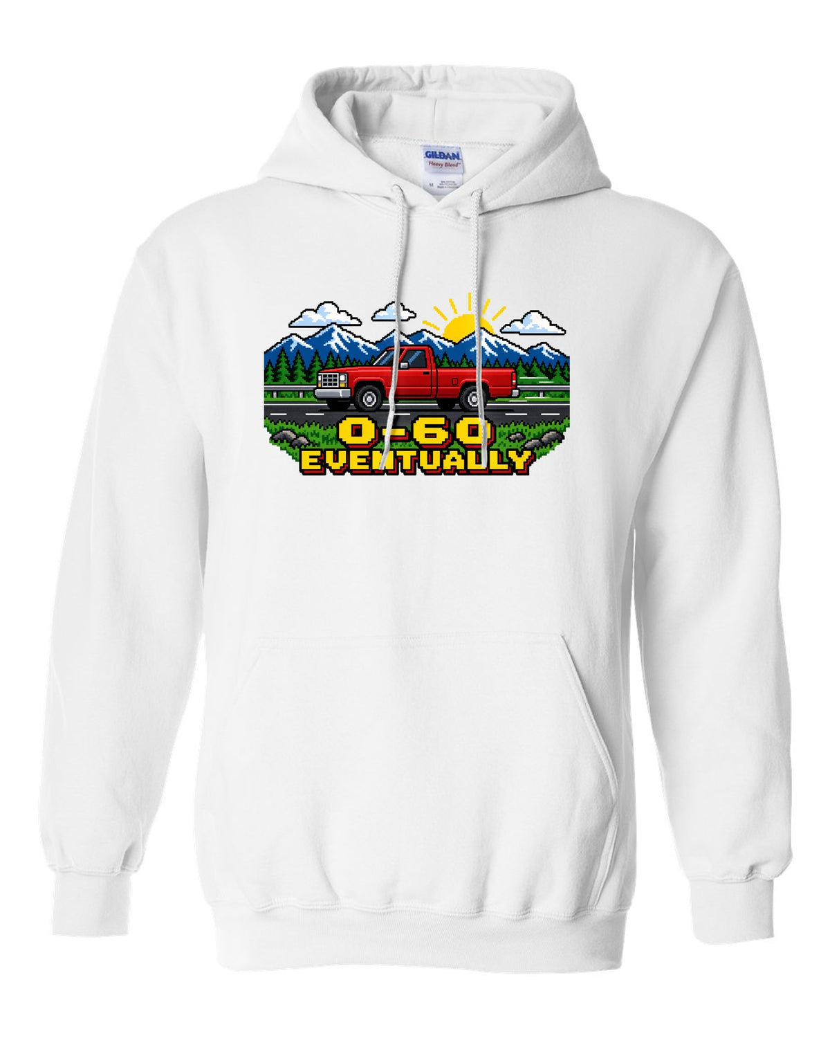 Pixel art print of a 1989-1993 Dodge Ram D250 Cummins with the text 0-60 eventually white pull over hoodie front view with the design