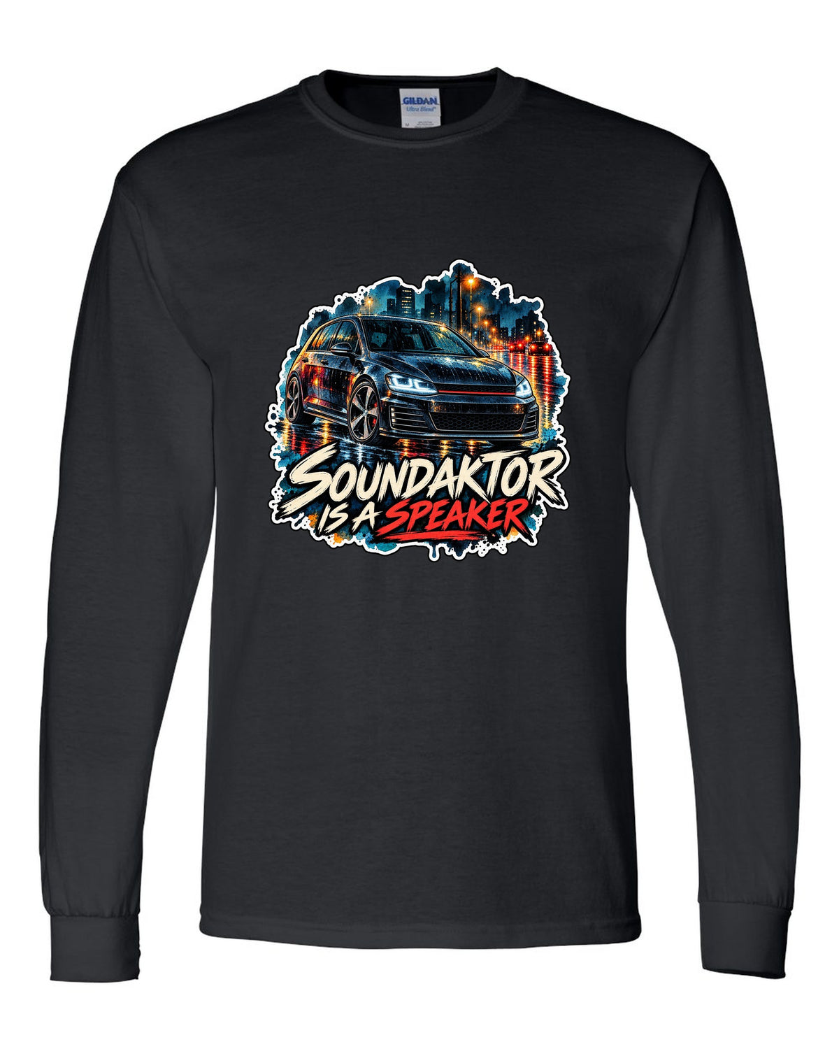 Watercolour wet-road night scene of a VW Golf Mk7 GTI with Soundaktor is a speaker text black long sleeve front view with the design