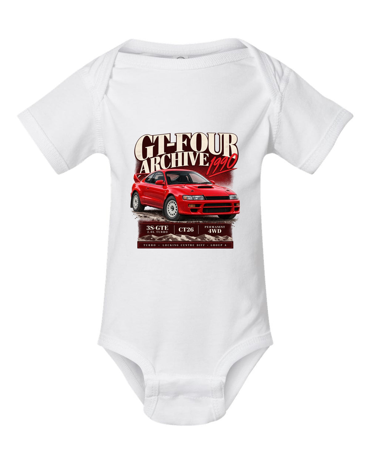Archive panel print of a Toyota Celica GT-Four ST185 with 3S-GTE, CT26 and Group A text white baby onesie front view with the design