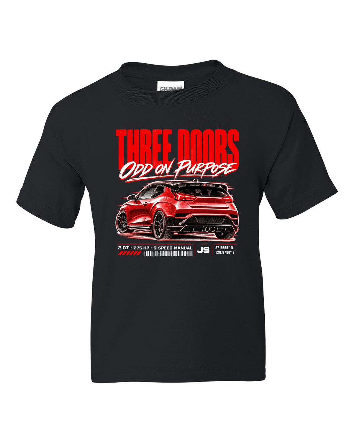 Hyundai Veloster N JS street poster with three doors odd on purpose text black kids tee front view with the design