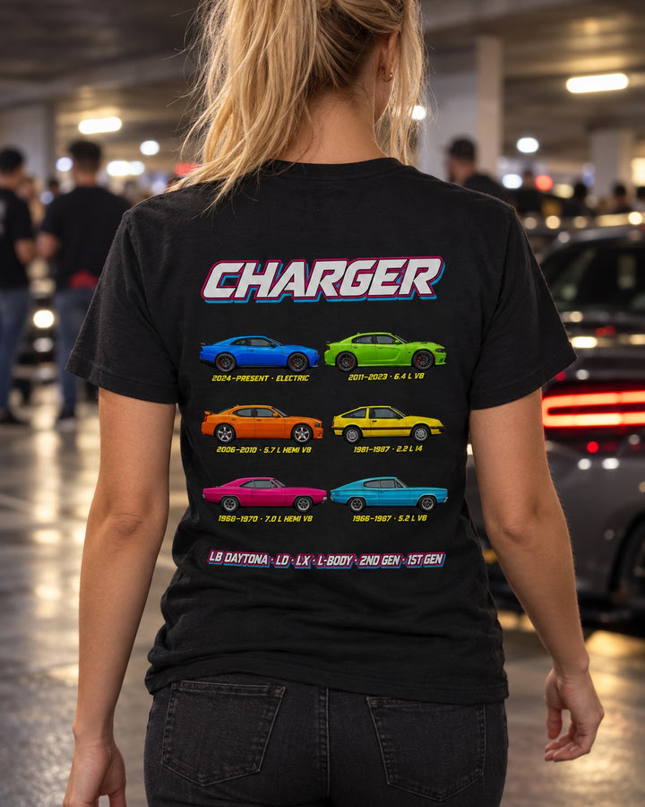 Dodge Charger Evolution Poster Full-Back Graphic Tee T-Shirt Black worn hero