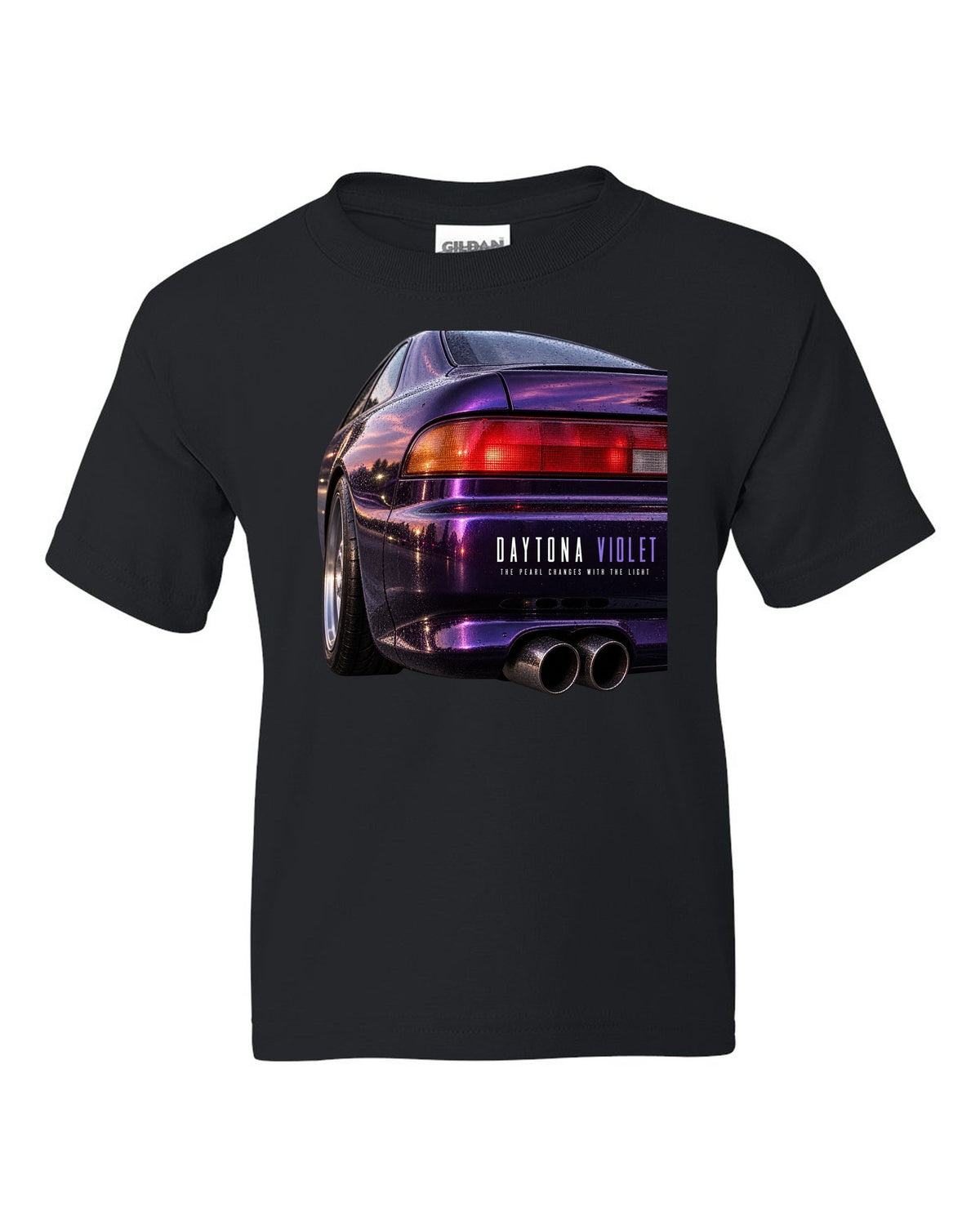 BMW E36 M3 coupe taillight macro print with Daytona Violet pearl paint text black kids tee front view with the design